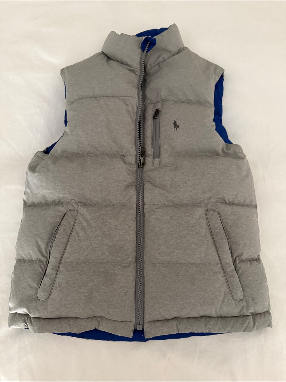 Ralph Lauren Grey Puffer Vest with Blue Trim
